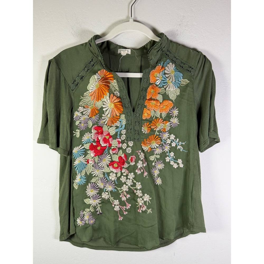 TINY Anthropologie Olive Green Floral Embroidered Crochet Lace Blouse Small